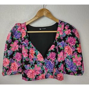 Zara Black Floral Blouse with Pink and Purple Accents